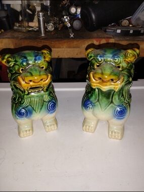 Vintage Pair of Green and Blue Ceramic Foo Dogs Yin/Yang Protection Statues